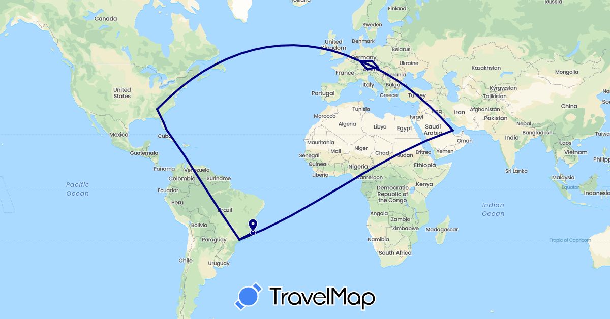 TravelMap itinerary: driving in Austria, Brazil, Czech Republic, Germany, Qatar, Slovakia, United States (Asia, Europe, North America, South America)
